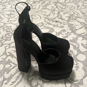 Black satin 6” chunky platform heels
